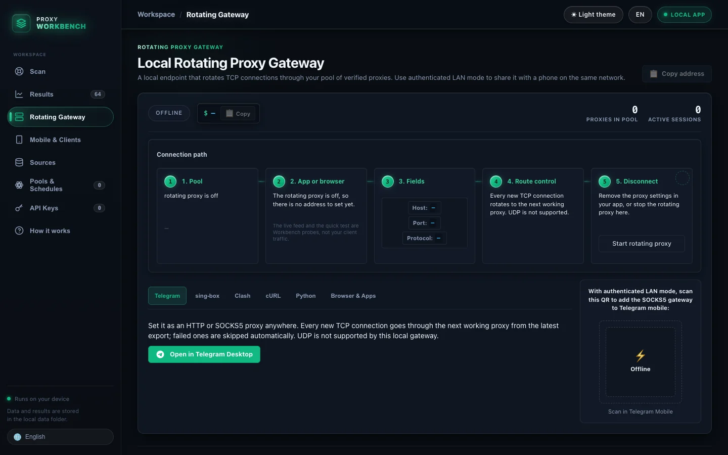 Gateway page showing local route controls while offline