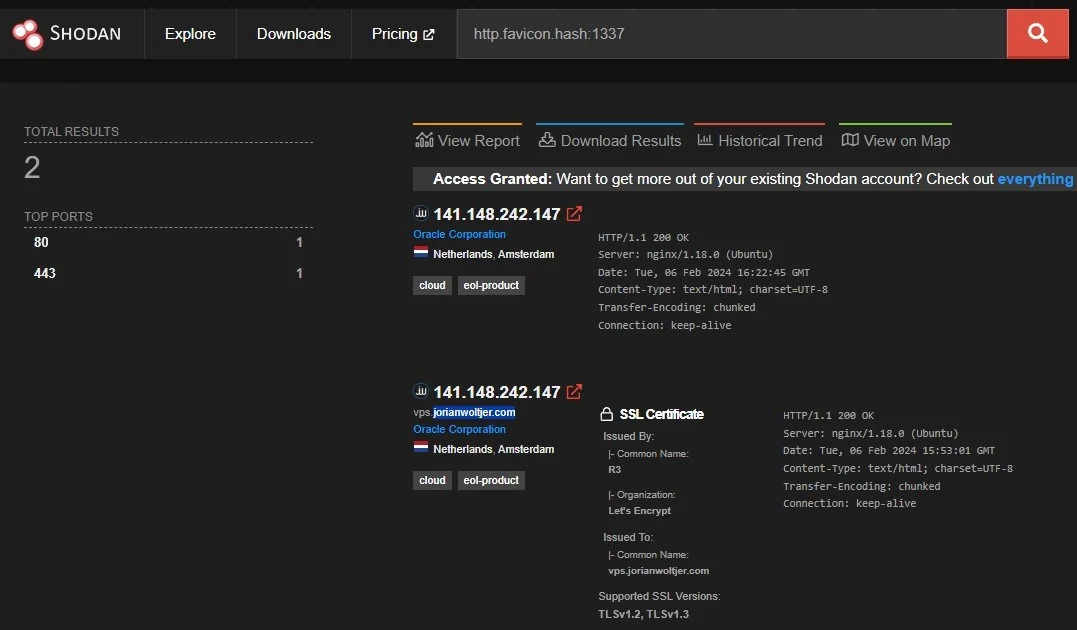 Shodan search result for `http.favicon.hash:1337` showing only jorianwoltjer.com