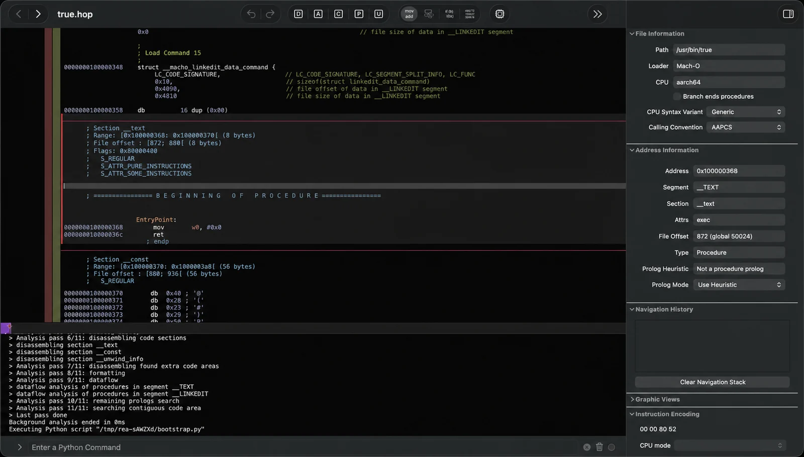REA launching its analysis bridge inside Hopper while inspecting a native binary