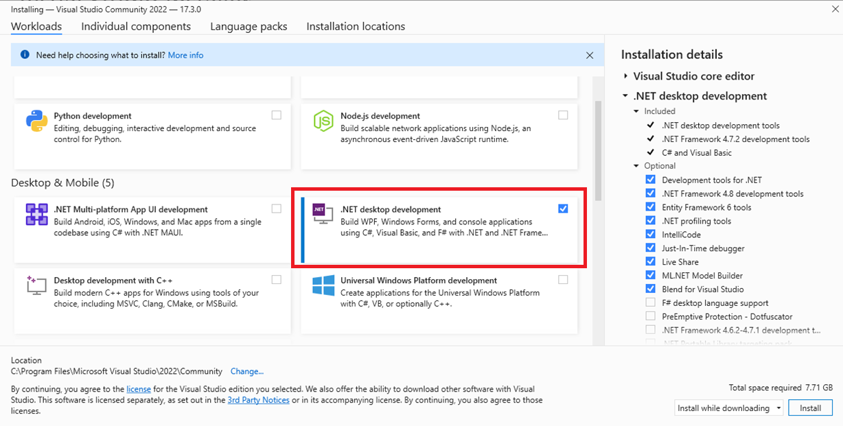 Installieren Sie die .NET-Desktopentwicklung VS2022 .NET