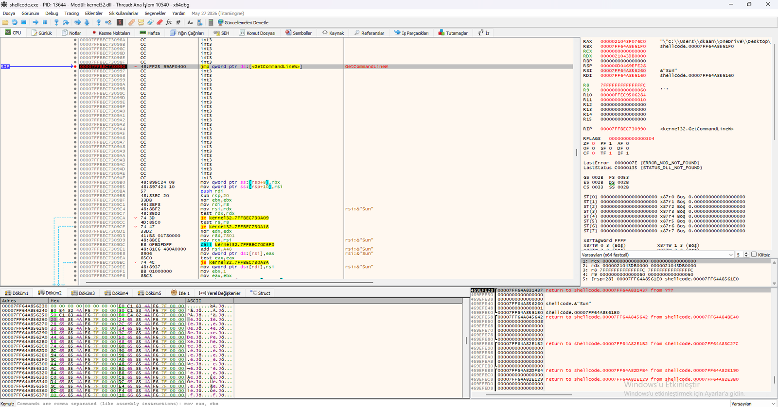 Python Shellcode GetCommandLineW & INT3 Traps