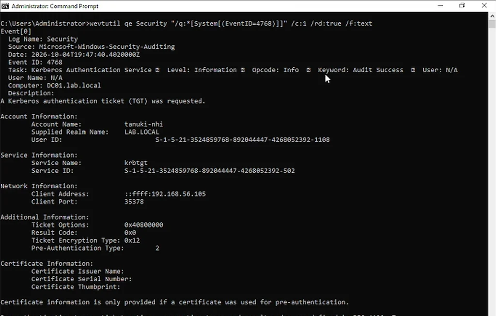 Act 3: Windows Event ID 4768 Audit Success Verification