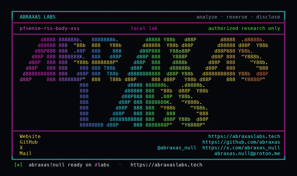 Abraxas Labs - pfsense-rss-body-xss