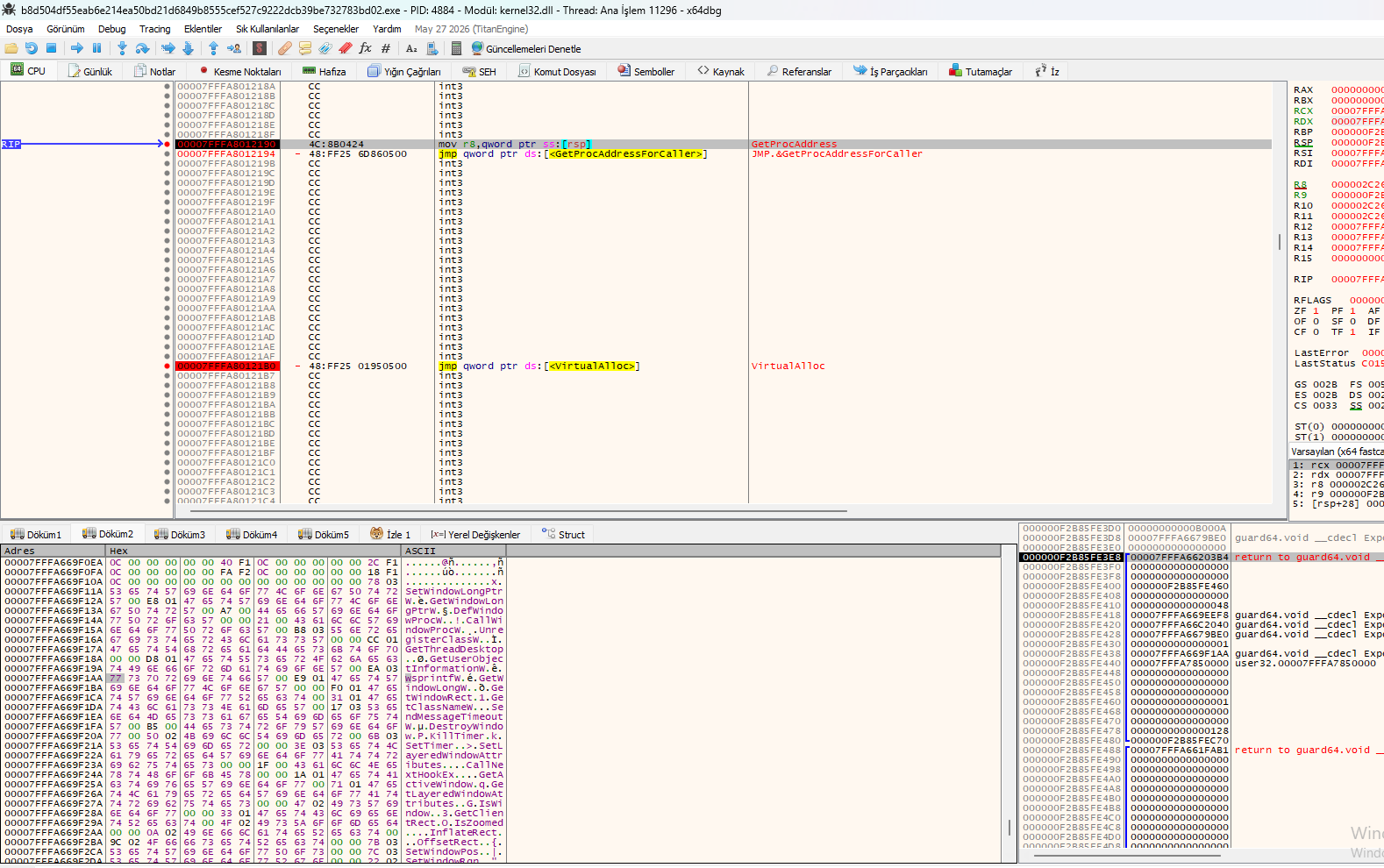 Amadey x64dbg api resolution