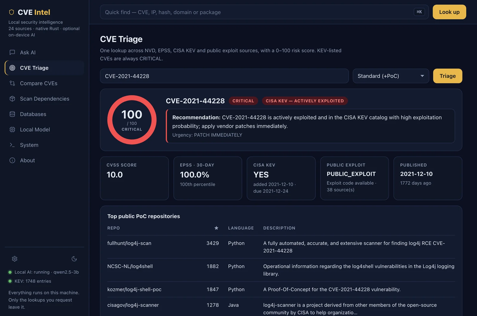 CVE Intel Desktop-App — CVE-Triage für CVE-2021-44228, mit einem Risikowert von 100/100 KRITISCH sowie CISA KEV, EPSS und öffentlichen Exploit-Nachweisen