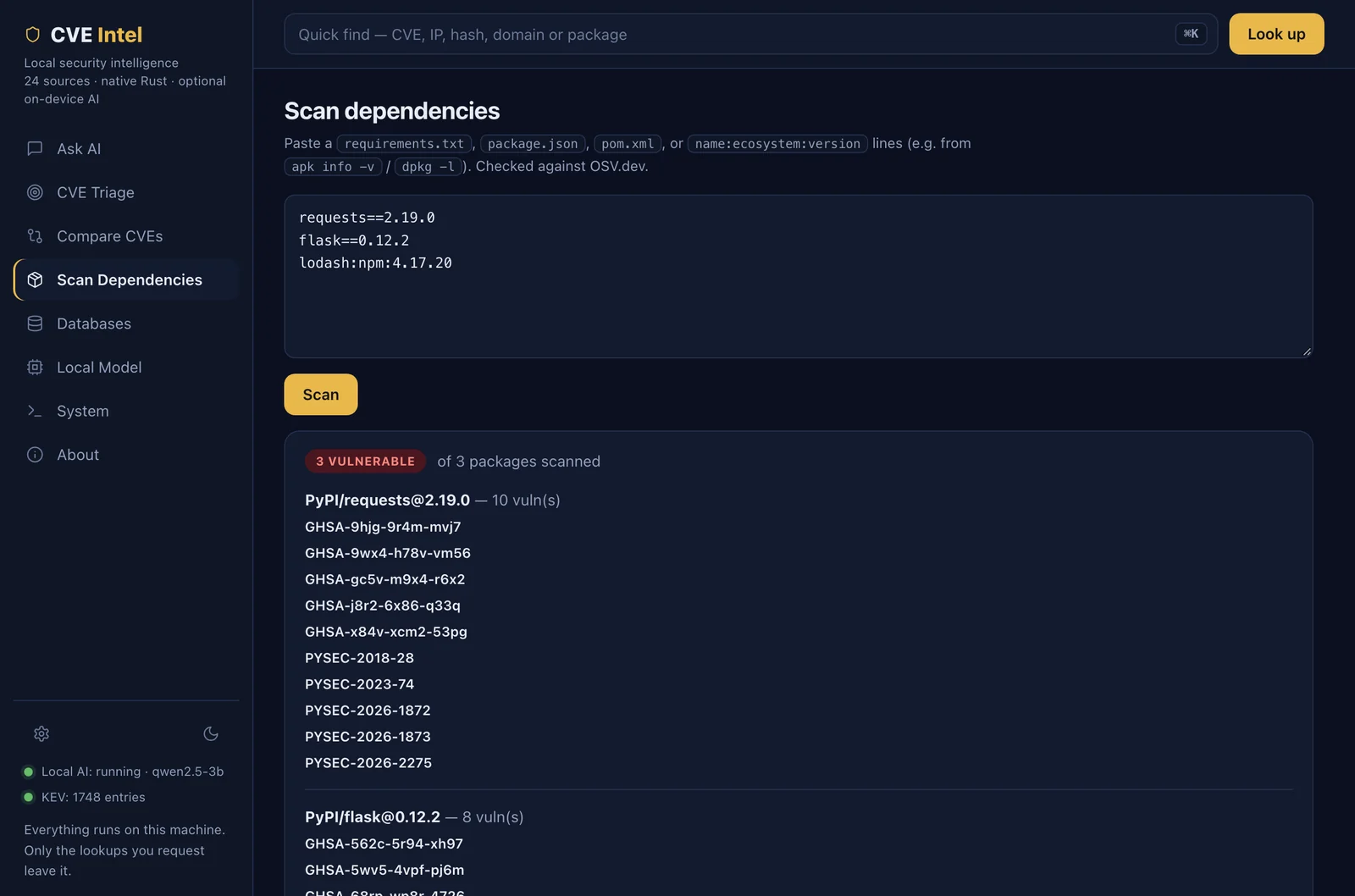 Abhängigkeits-Scan mit einer Liste verwundbarer PyPI- und npm-Pakete