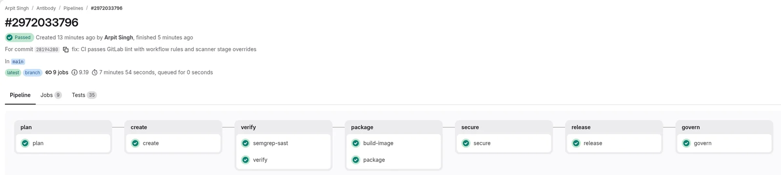 GitLab पाइपलाइन: plan, create, verify, package, secure, release, govern सभी पास हुए