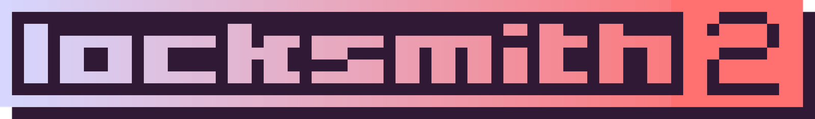 The Locksmith 2 logo features the word "locksmith" followed by the number "2" in a bold, blocky pixelated font. The design uses a gradient color scheme transitioning from light lavender on the left through pink tones to coral/orange on the right, set against a dark purple background with a rectangular border. The retro-digital aesthetic gives the logo a modern yet approachable feel, suggesting a tool that makes security management accessible and straightforward. The "2" indicates this is the second version of the Locksmith tool.