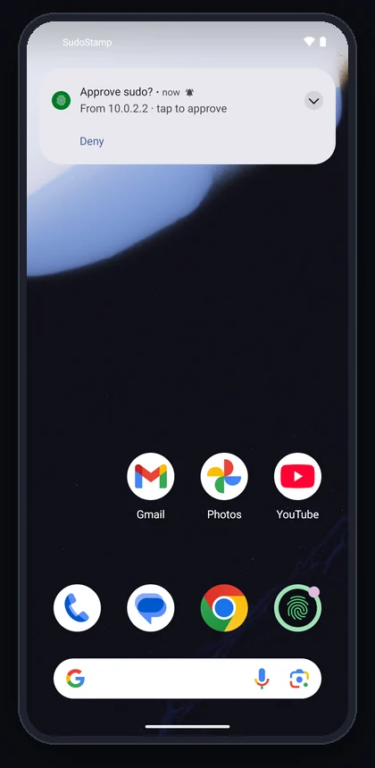 Notification: Approve sudo? From 10.0.2.2 · tap to approve, with a Deny button