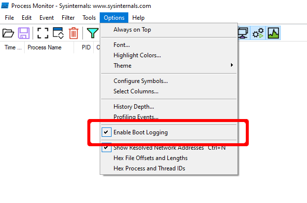 "Process Monitor Boot Logging Option"