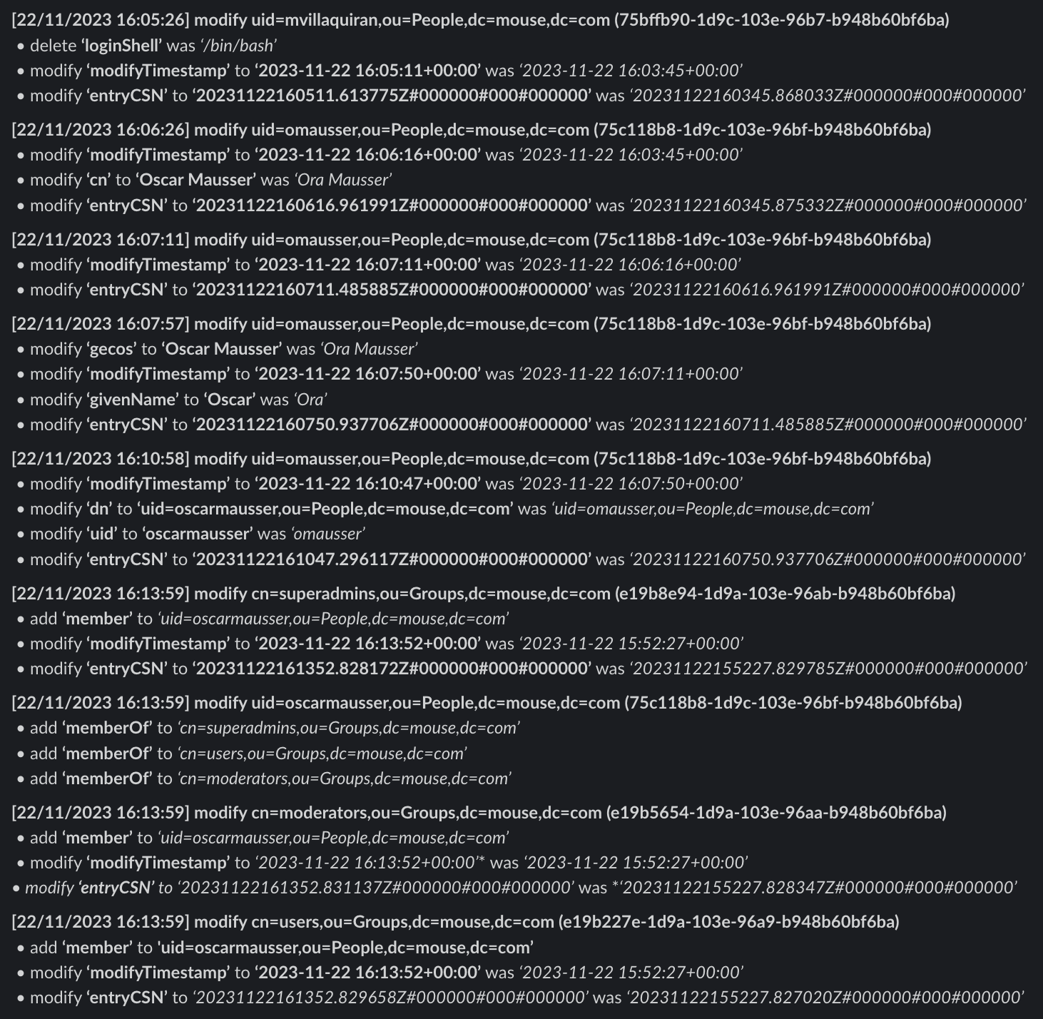 LDAP Watchdog مثال على الإخراج من LDAP Watchdog في Slack