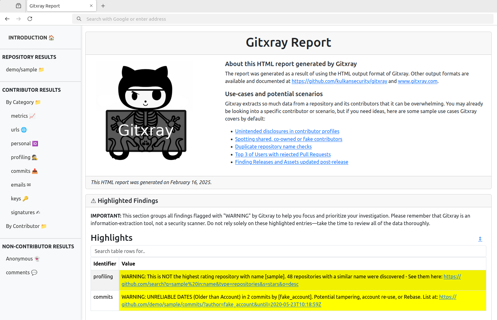 Exemple de rapport HTML Gitxray Exemple de rapport HTML Gitxray