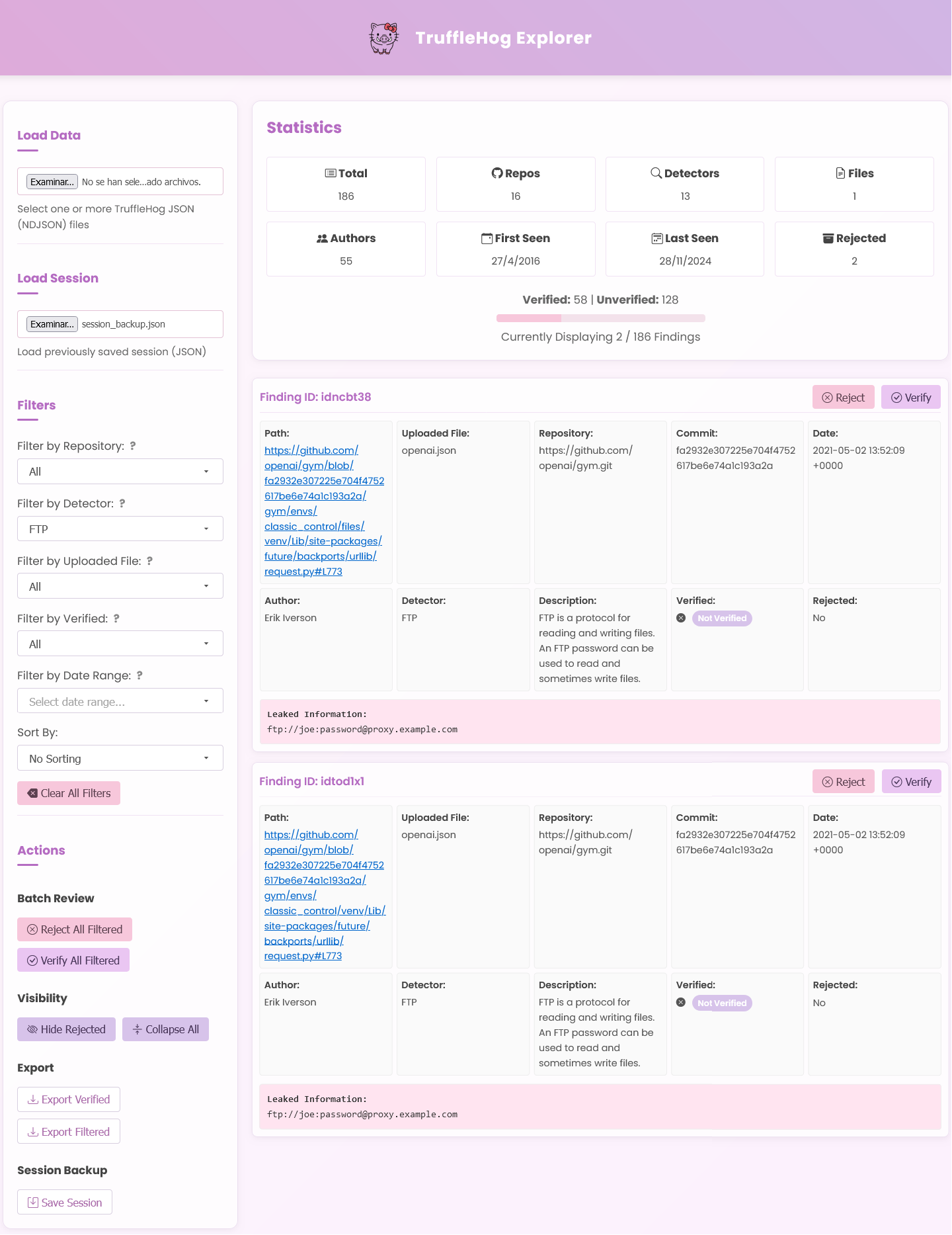لقطة شاشة TruffleHog Explorer