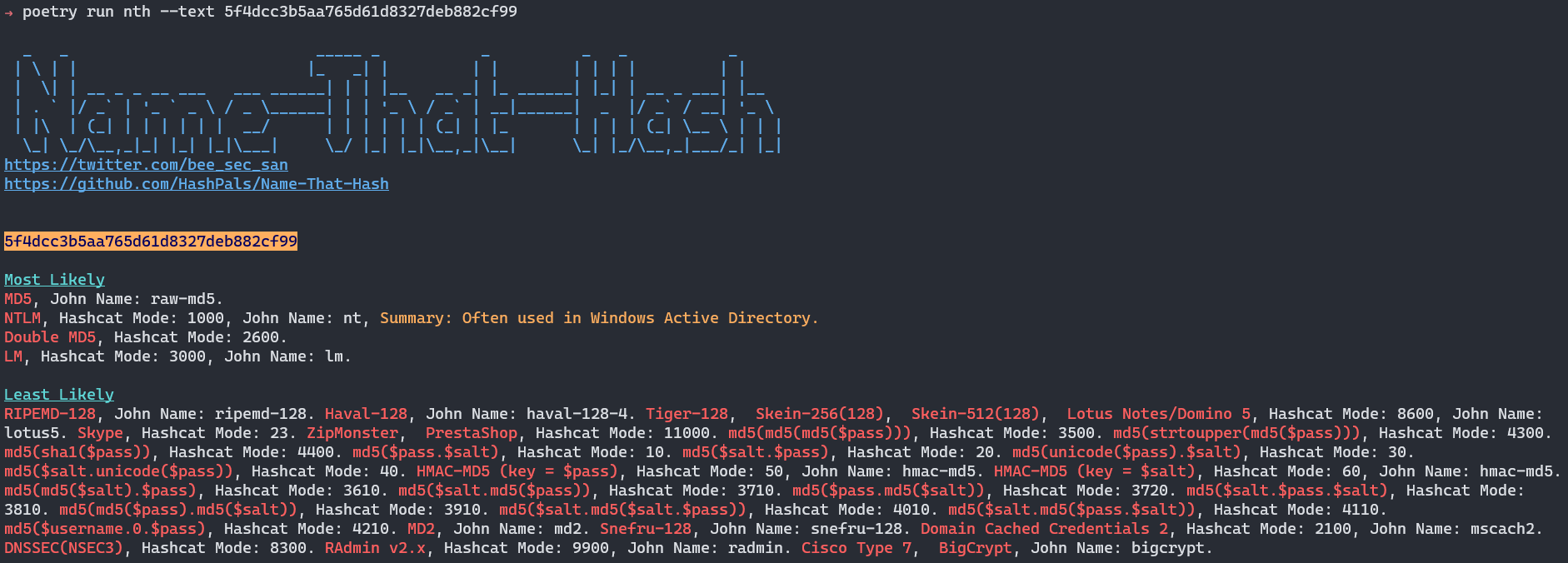 Name-that-hash يعرض بفخر أكثر أنواع التجزئة احتمالاً