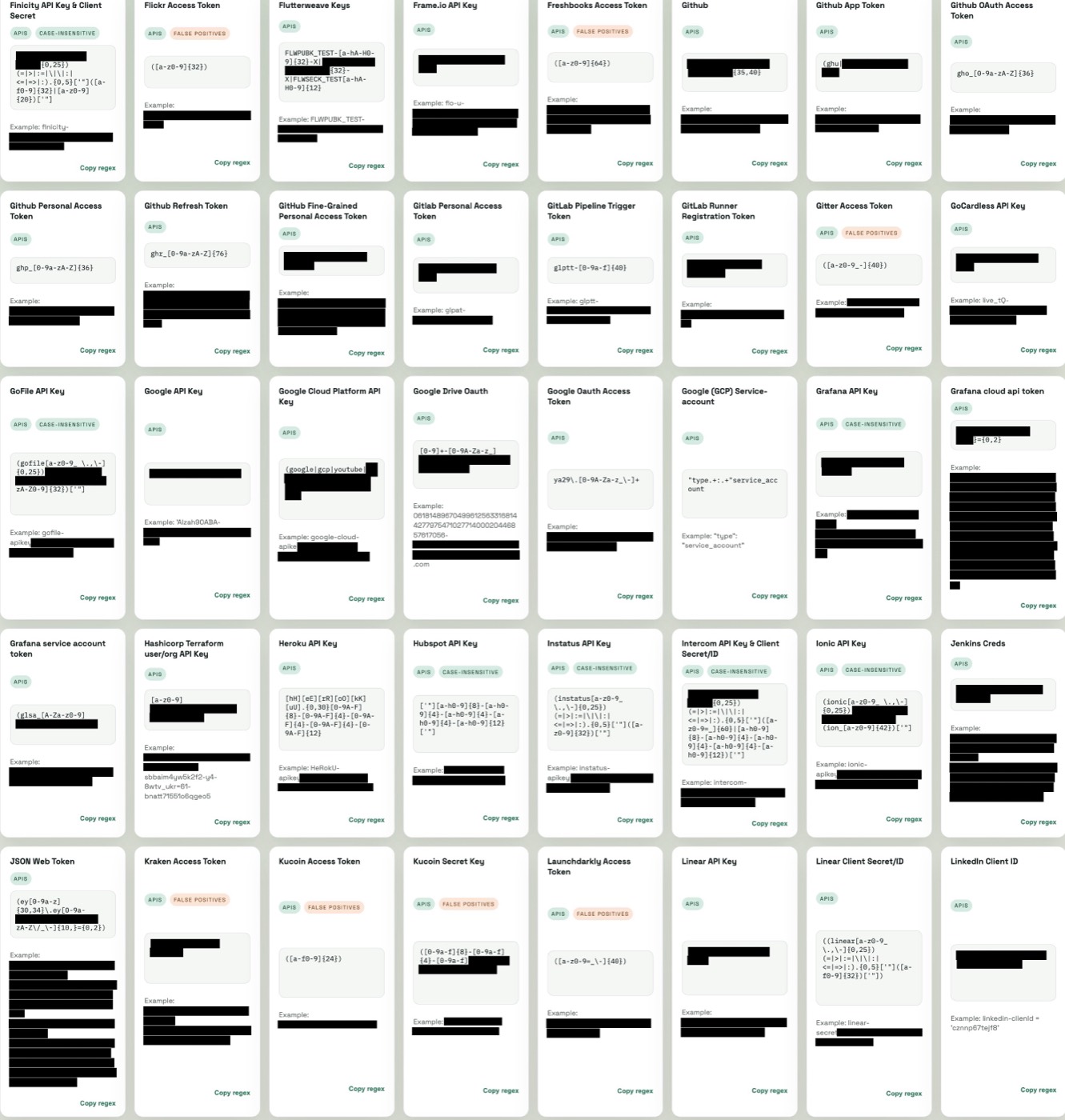 la même capture d'écran après screenscrub : chaque valeur secrète est noircie, les étiquettes et motifs regex restent lisibles