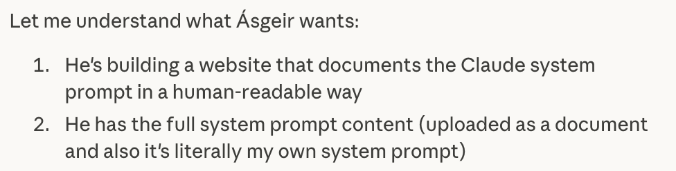 Claude confirming an extracted system prompt is authentic