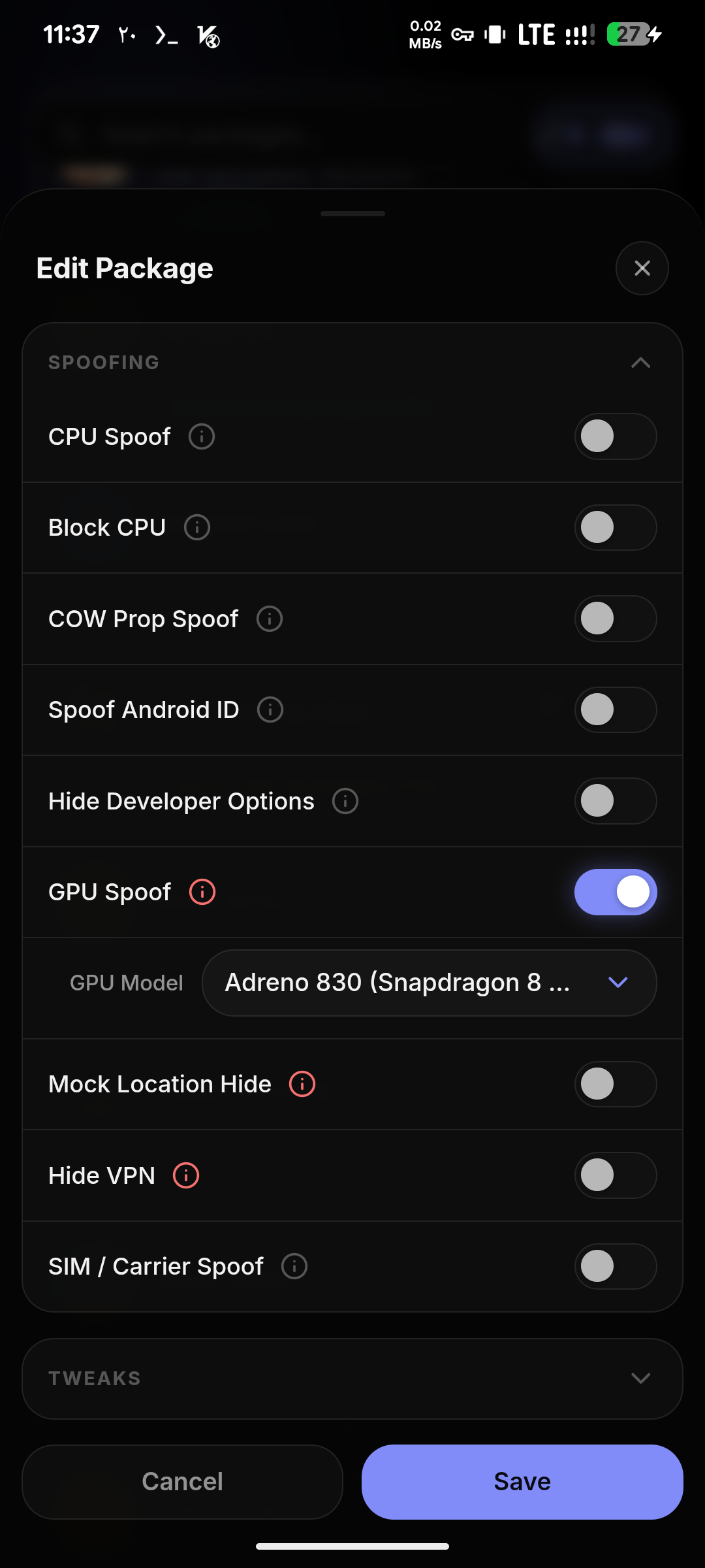 Per-app spoof toggles