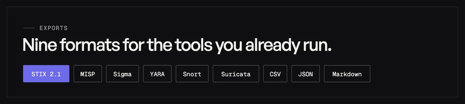 नौ एक्सपोर्ट फ़ॉर्मेट: STIX 2.1, MISP, Sigma, YARA, Snort, Suricata, CSV, JSON, Markdown