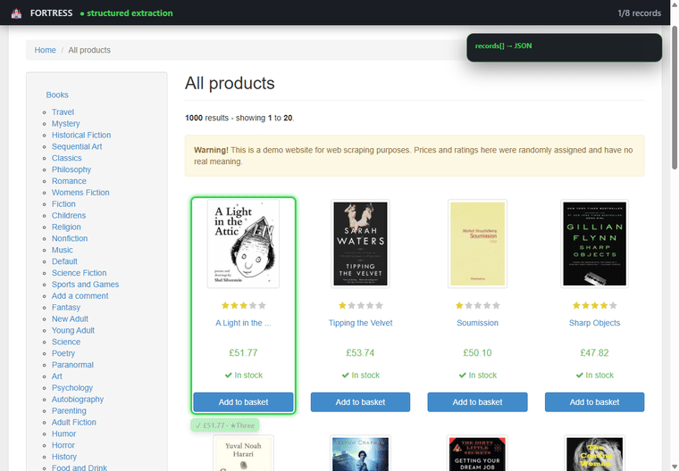 Fortress يقوم باستخراج books.toscrape.com إلى سجلات JSON مصنفة مباشرة عبر CDP