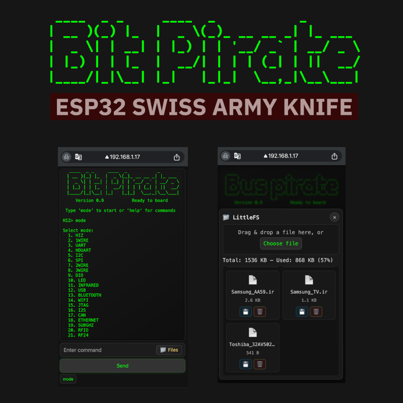 Captura de pantalla de un iPhone mostrando la interfaz web del firmware Bit Pirate