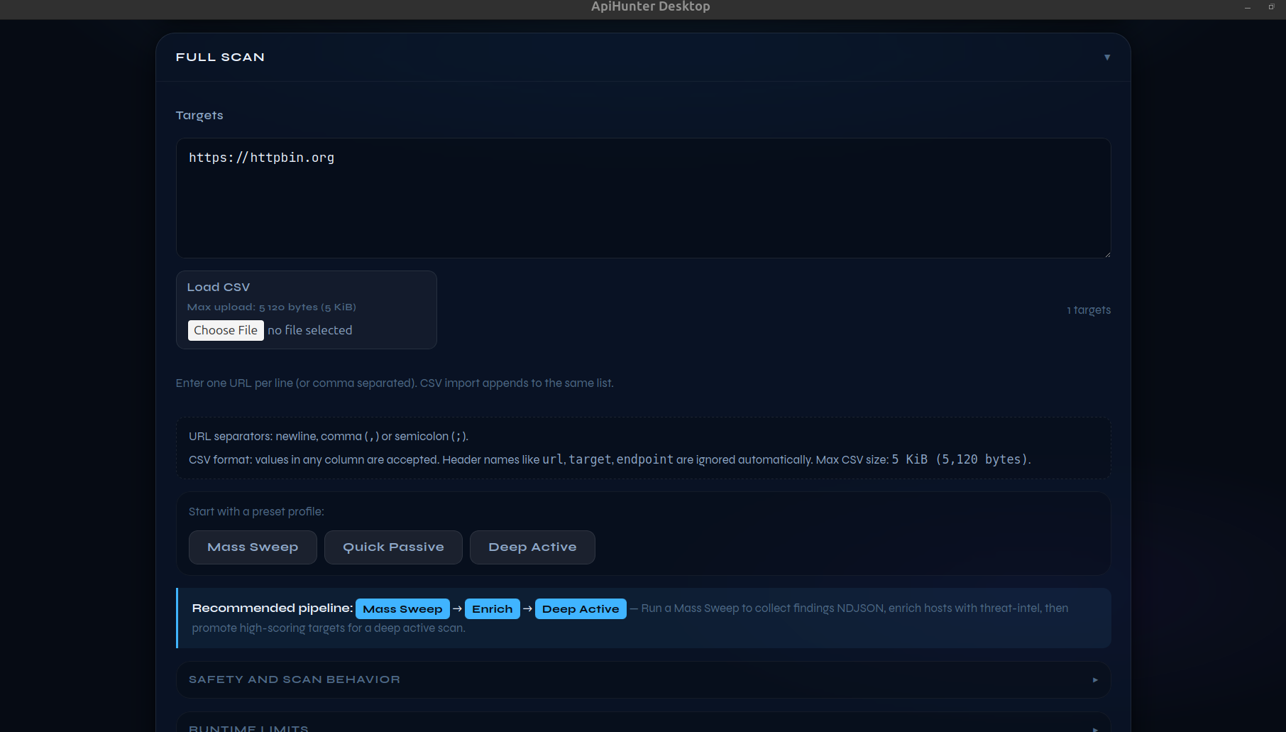 ApiHunter Desktop — Full Scan controls: Quick Passive / Deep Active presets, collapsible Safety, Runtime Limits, and Scanner Toggles sections