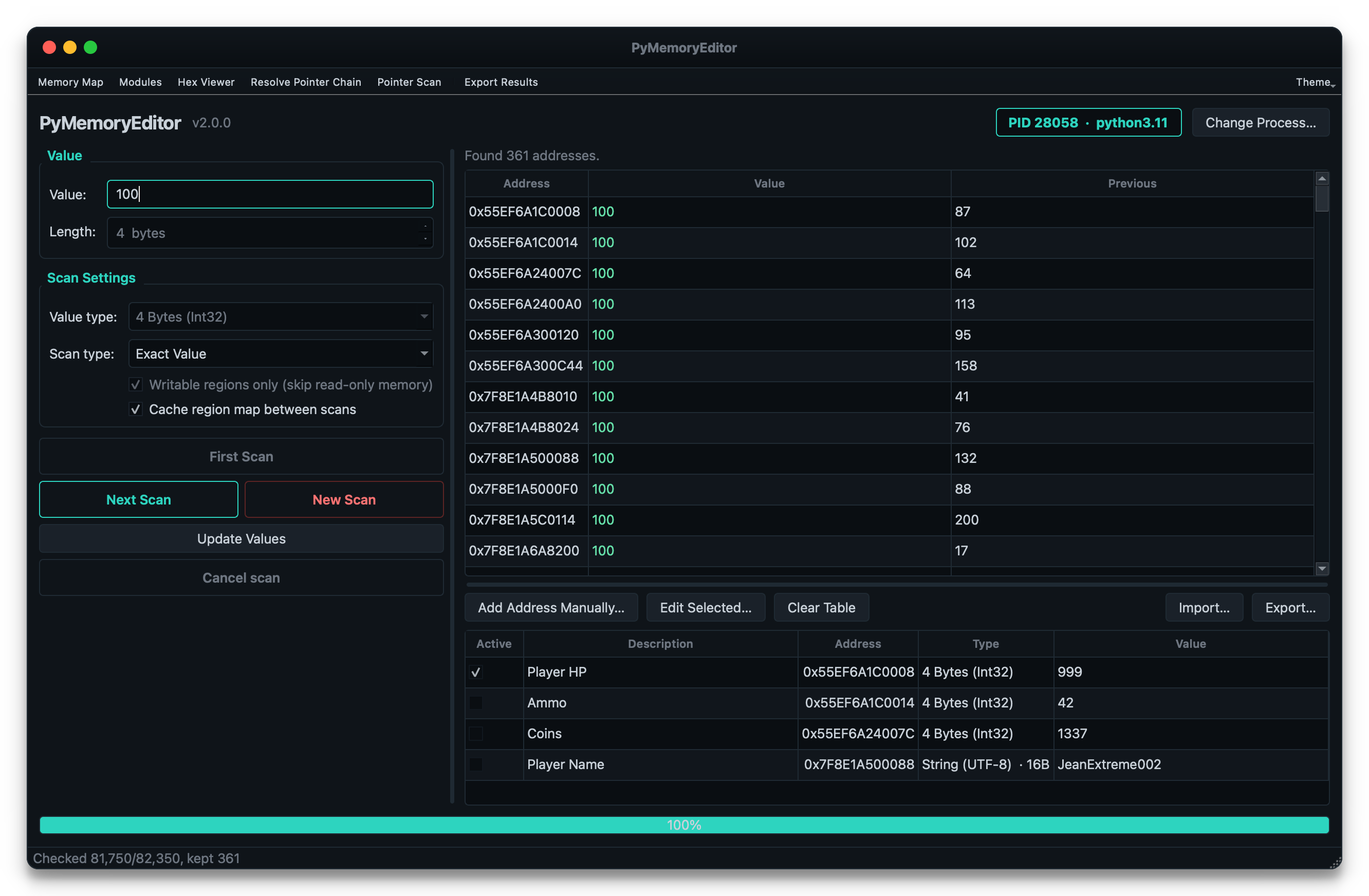 PyMemoryEditor app attached to a running process