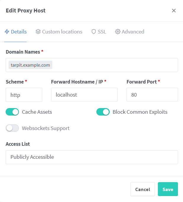 NGINX 反向代理界面。"编辑代理主机"对话框已打开。