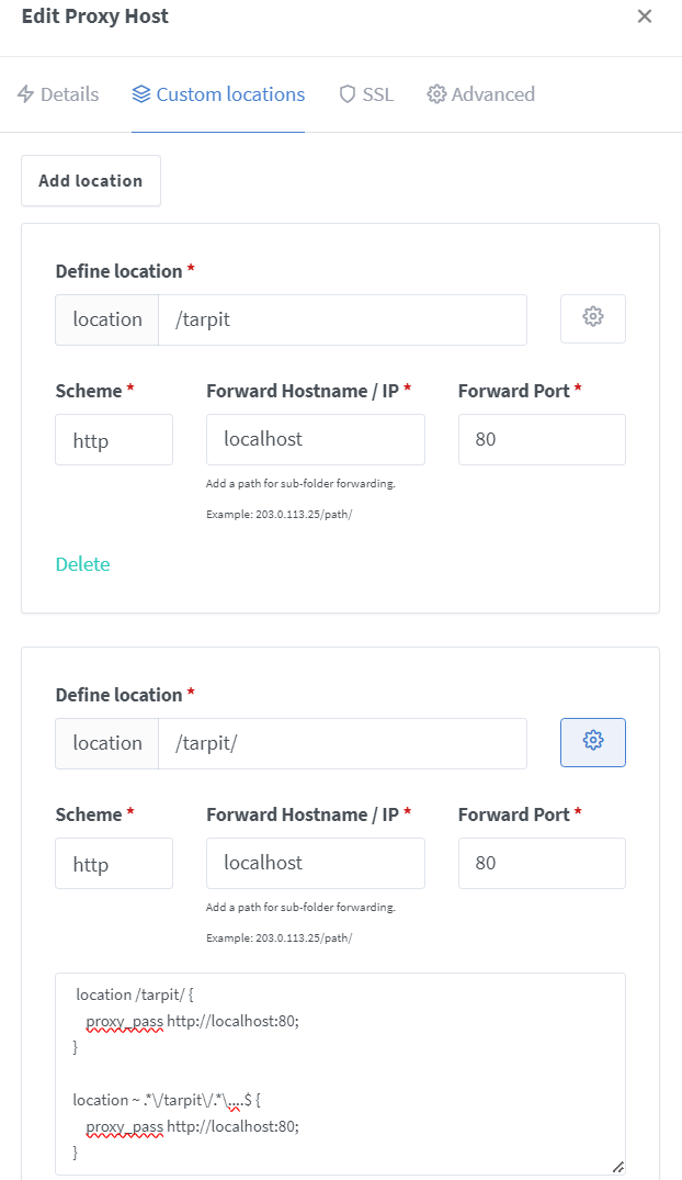 NGINX 反向代理界面。"编辑代理主机"对话框已打开到"自定义位置"选项卡。