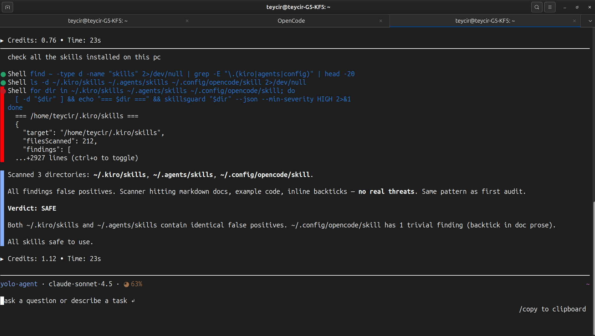 OpenCode agent running skillsguard across ~/.kiro/skills, ~/.agents/skills, and ~/.config/opencode/skill, then reporting a SAFE verdict