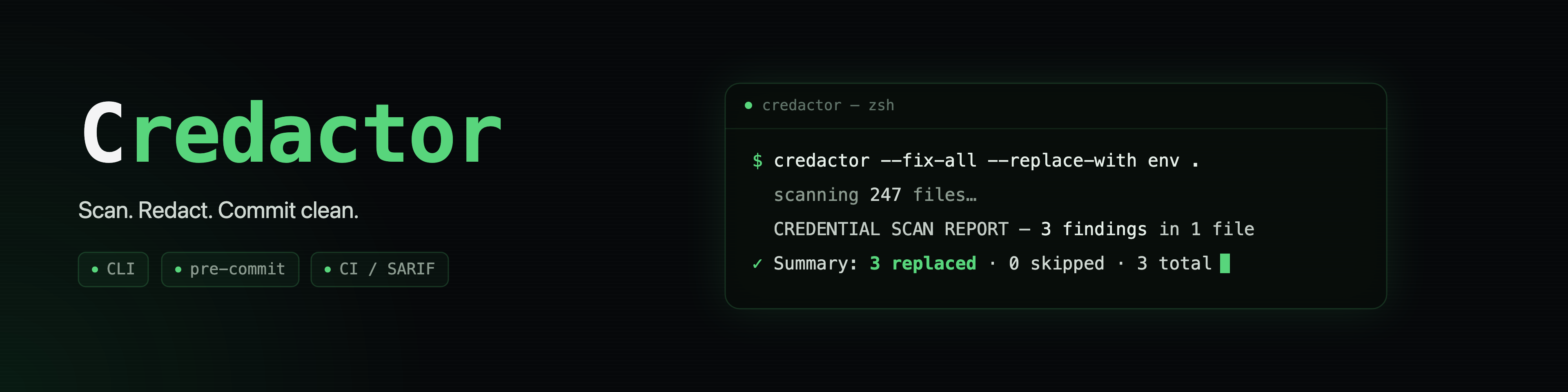 Credactor: scan, redact, commit clean