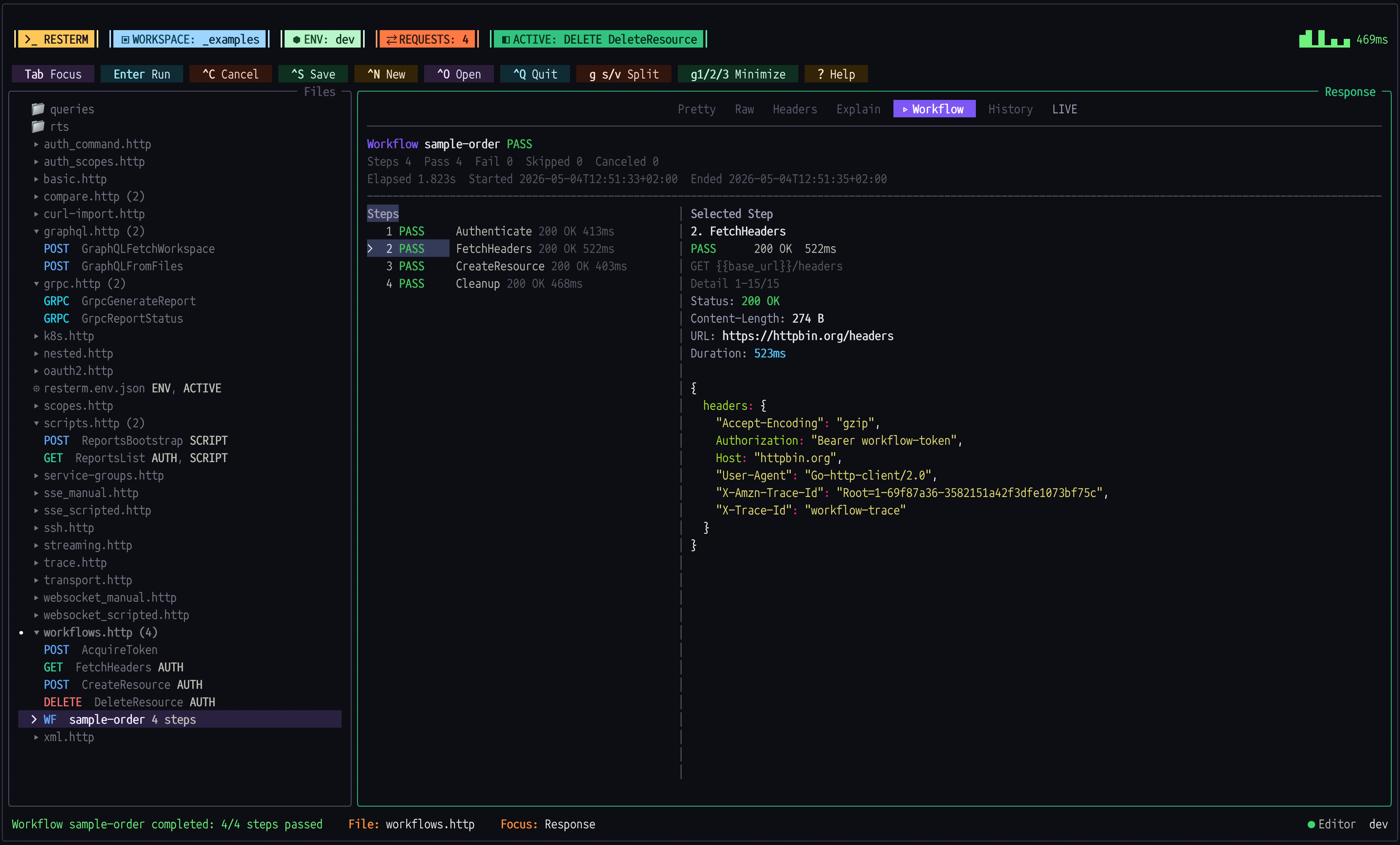 Screenshot of Resterm with Workflow