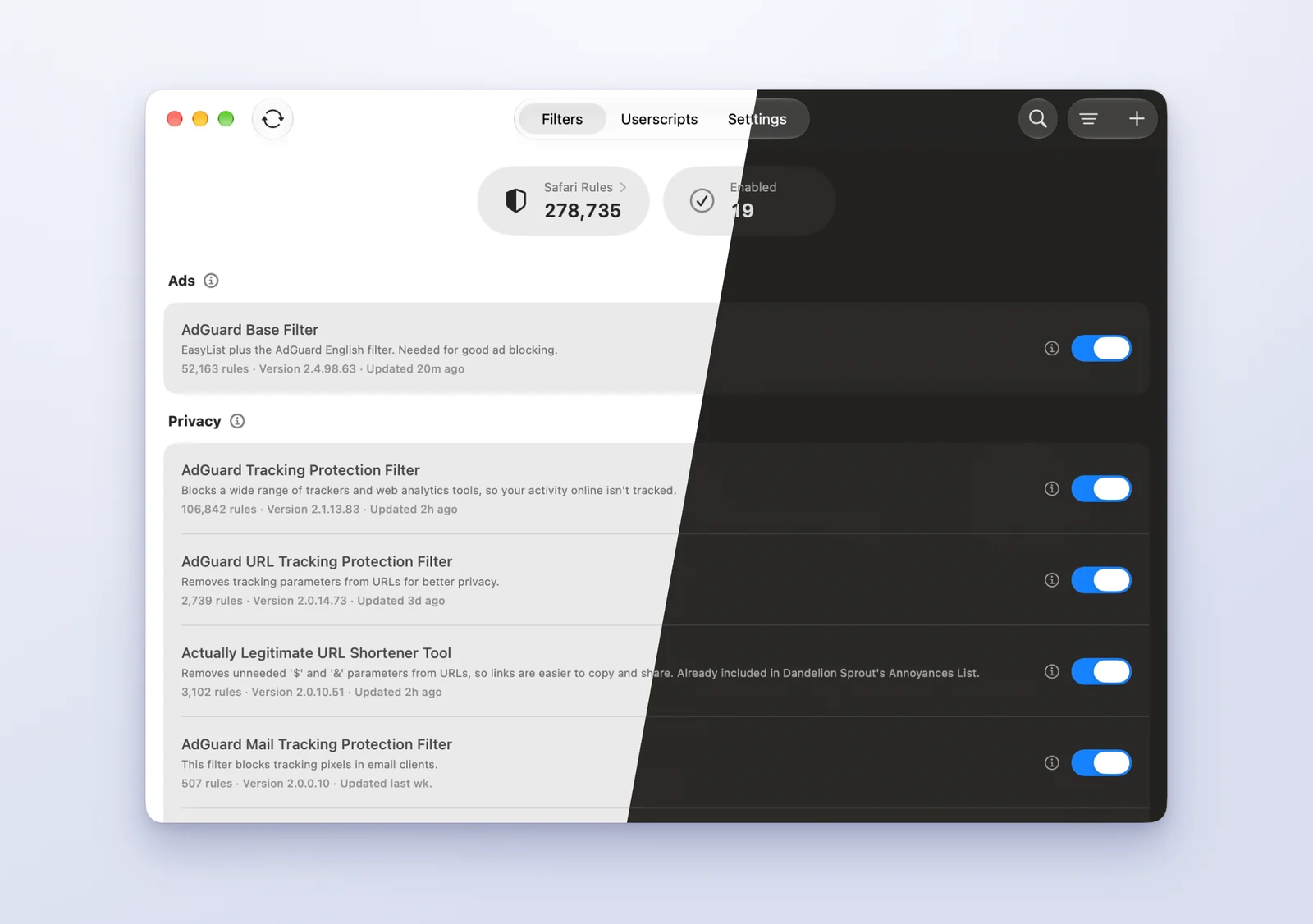 wBlock on macOS in light and dark mode