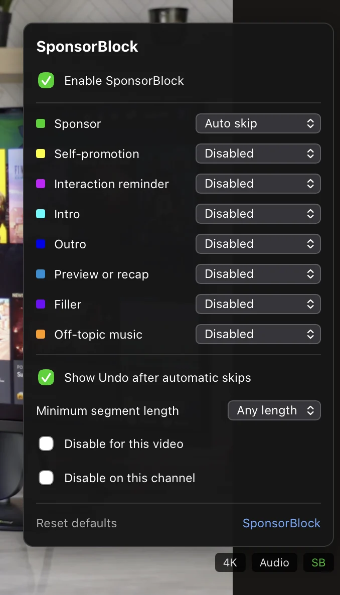 SponsorBlock settings in Tube Cleaner