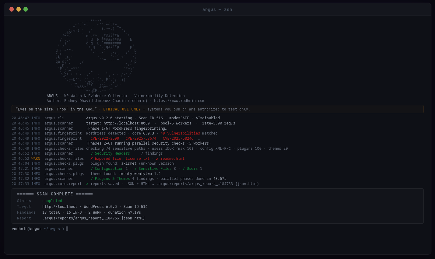 فحص Argus — ناتج حقيقي ضد WordPress 6.0.3