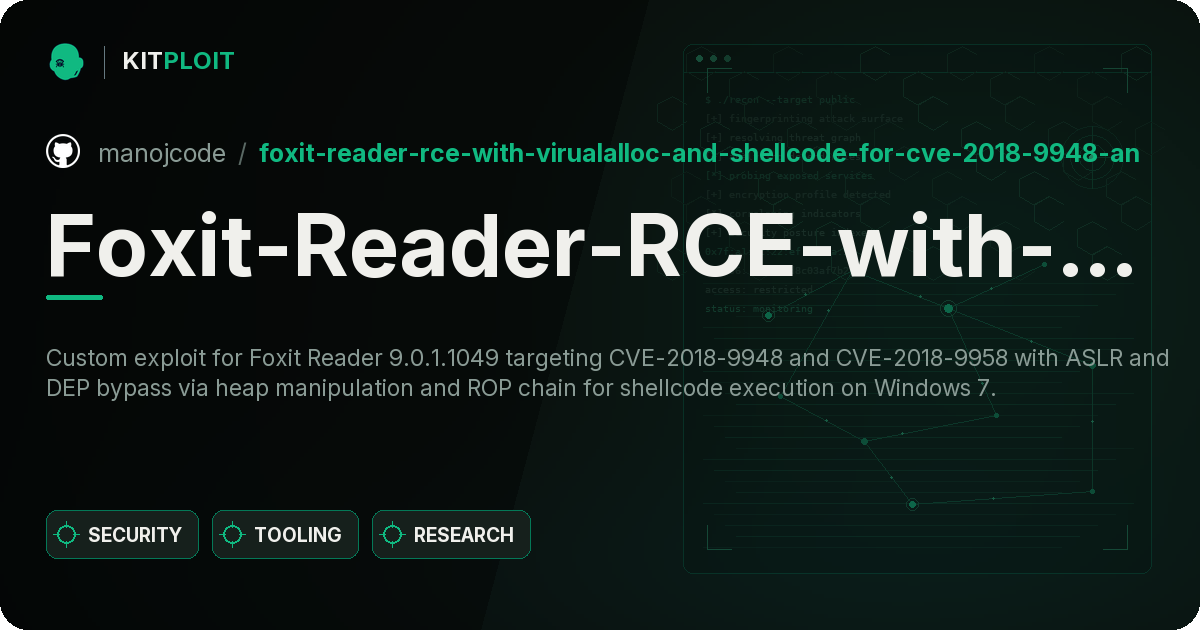 Foxit-Reader-RCE-with-virualalloc-and-shellcode-for-CVE-2018-9948-and-CVE-2018-9958 preview